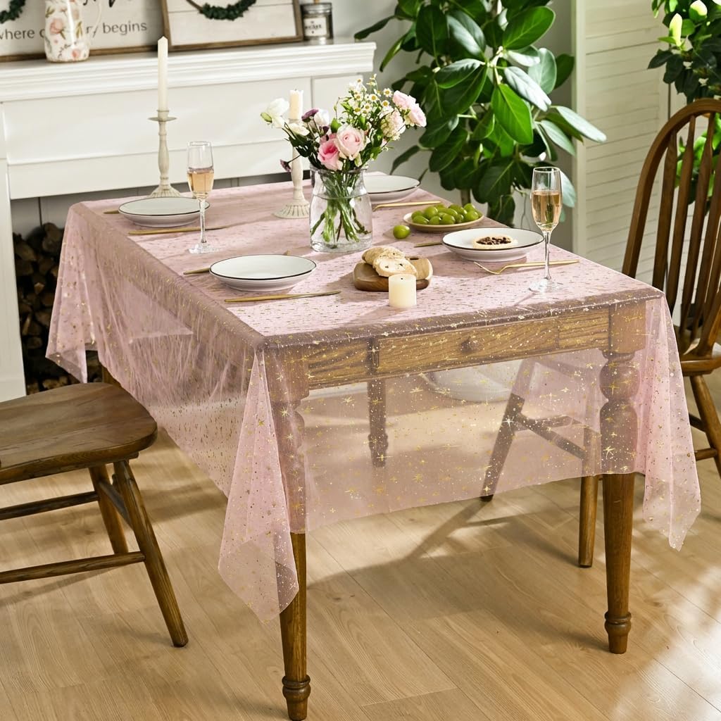 Mantel de gasa con estrellas brillantes de oro rosa 60 x 84 pulgadas