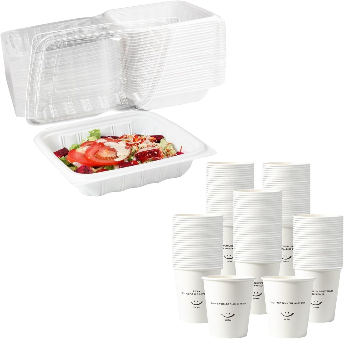 Set 25 contenedores takeout 8pulg 34oz con tapa antiderrap y tazas 12oz