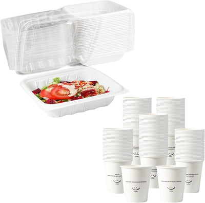 Set 25 contenedores takeout 8pulg 34oz con tapa antiderrap y tazas 12oz