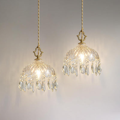 2 Pzas Lámparas Colgantes Cristal Latón Dorado Art Deco