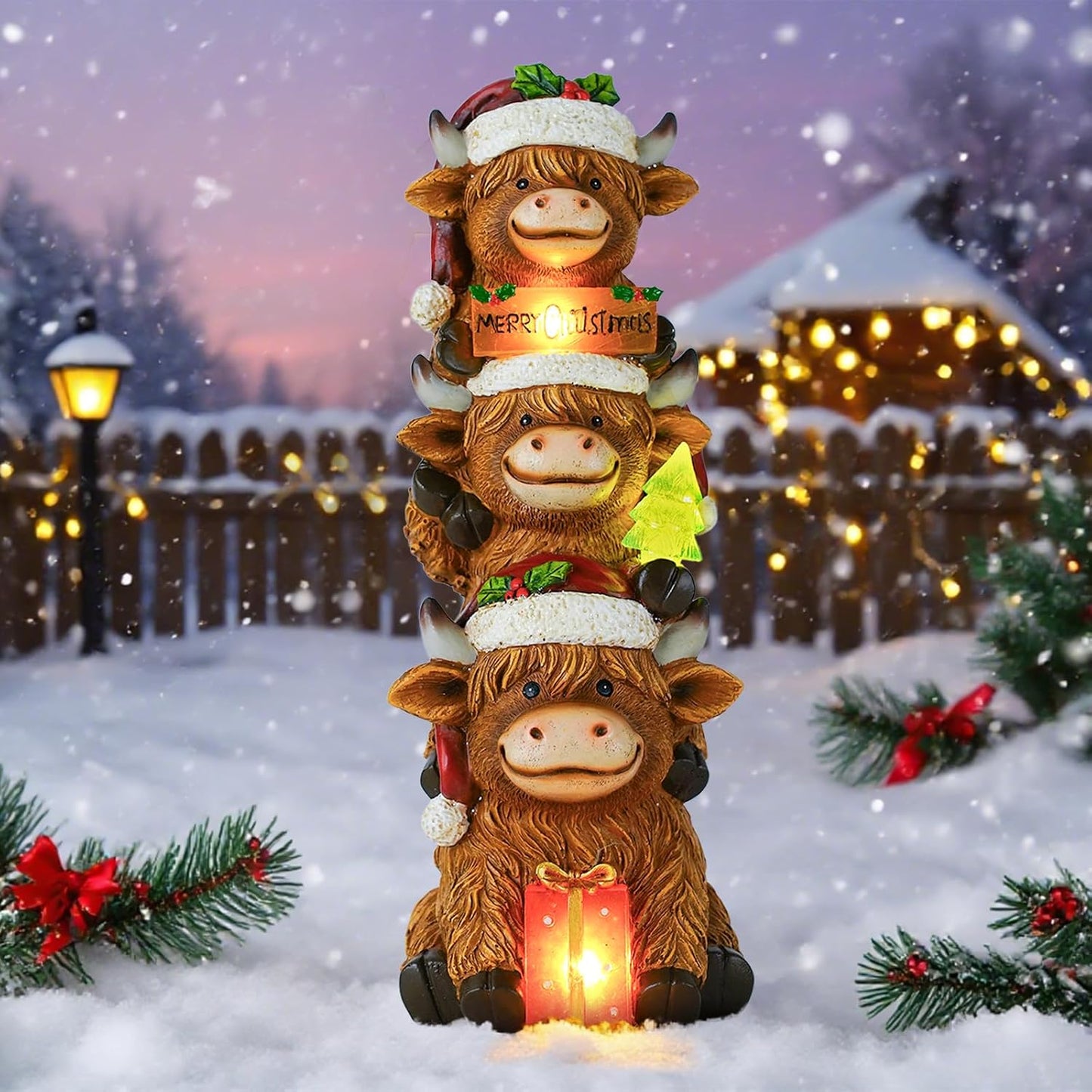 Estatuas vaca highland con luz solar para jardín