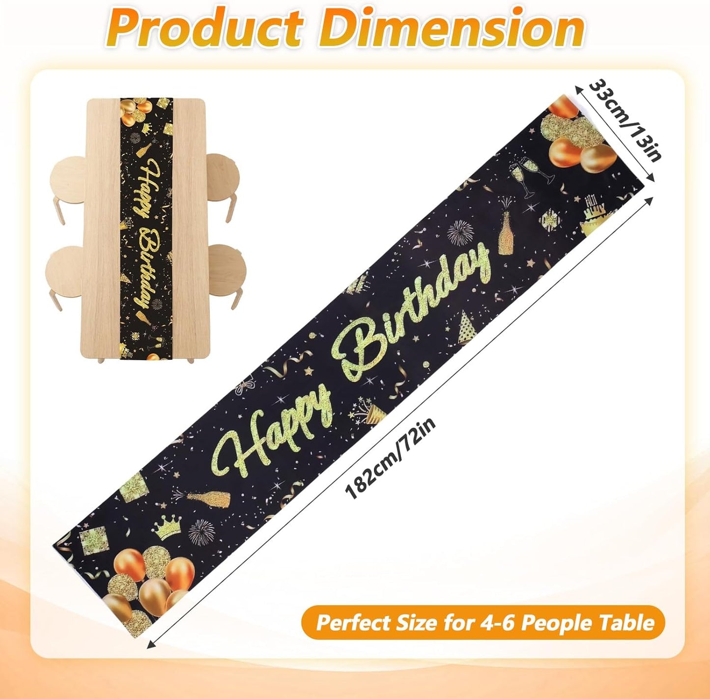 Camino de mesa de feliz cumpleaños 72 x 13 pulgadas color negro