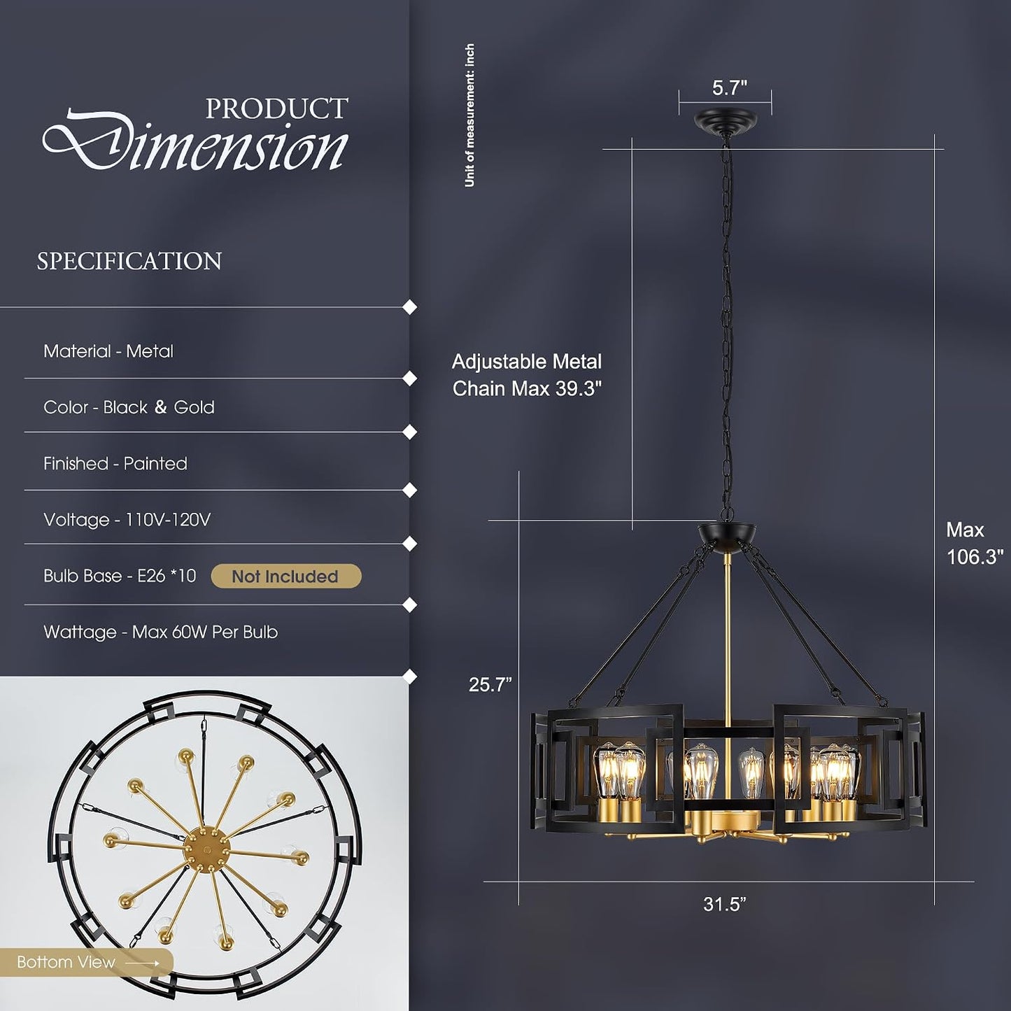 Candelabro 31.5pulg oro negro 6 luces colgante comedor