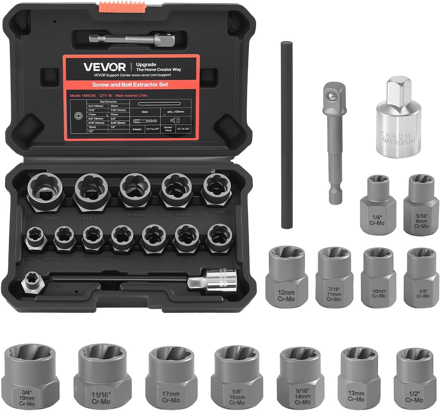 Kit extractor pernos 16 pzas acero Cr-Mo con adaptadores