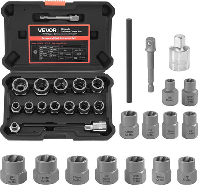 Kit extractor pernos 16 pzas acero Cr-Mo con adaptadores