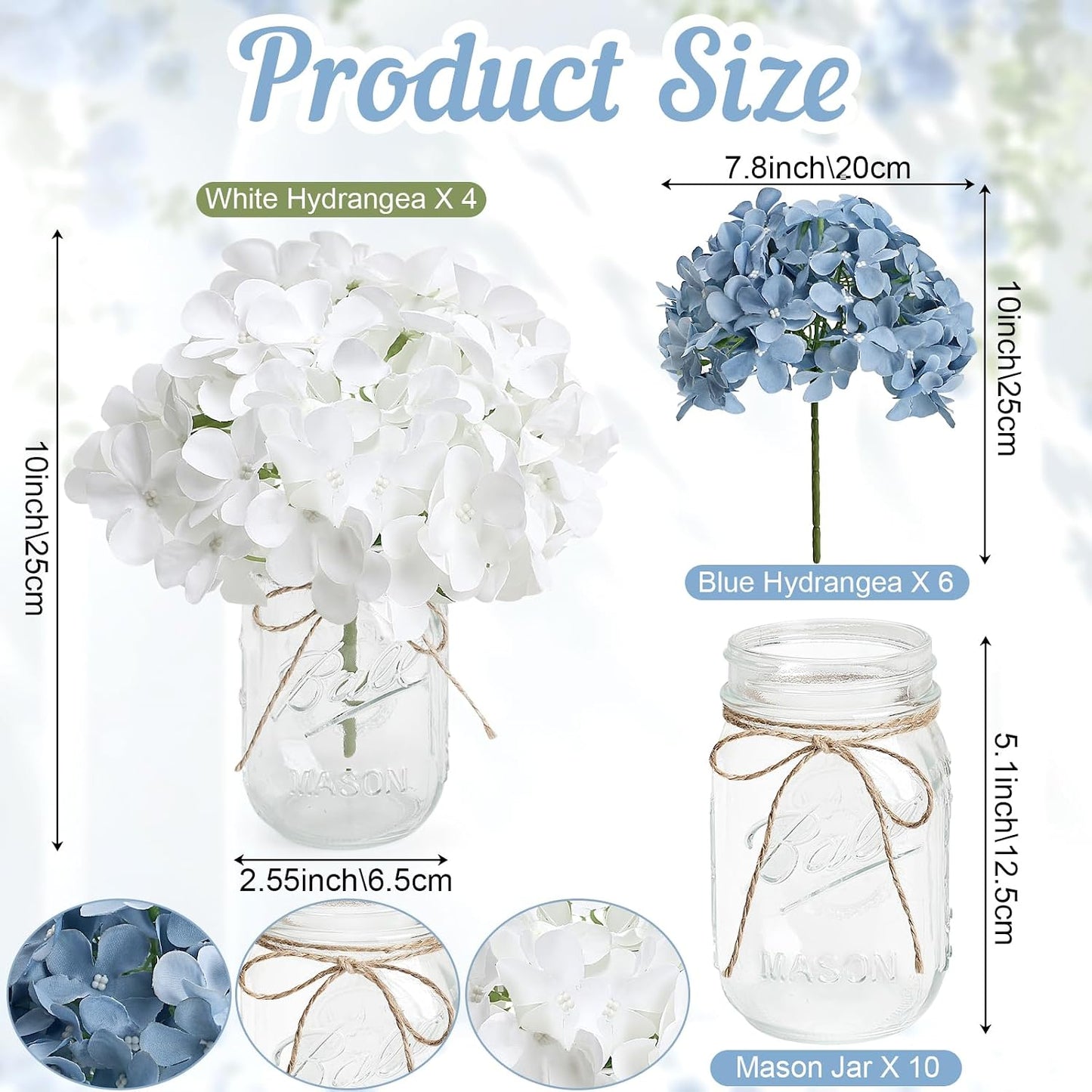 Tarros flores centros mesa 10 pzas hortensias azules y blancas