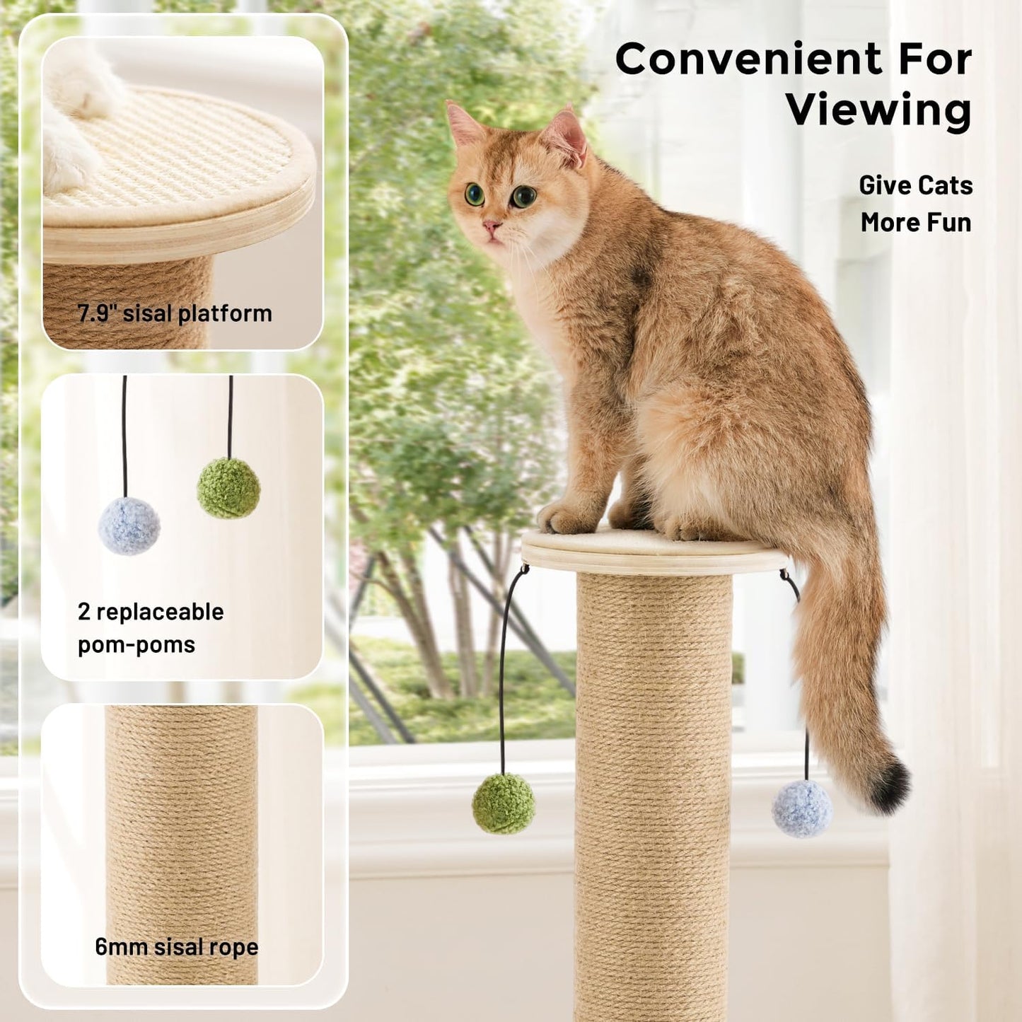 Poste rascador gatos 35pulg sisal base madera gruesa