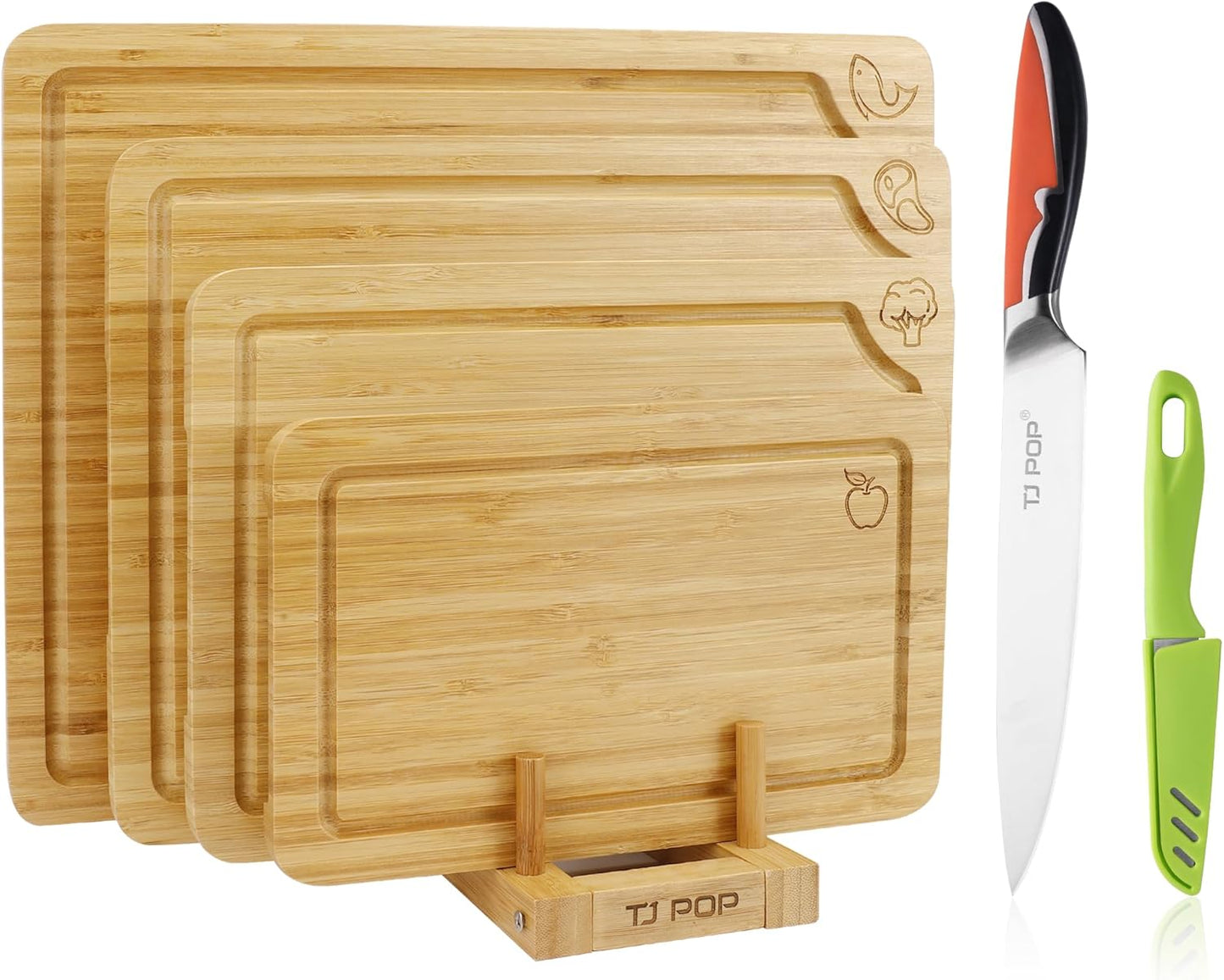 Set 4 Tabla Cortar Bambú con Cuchillo Acero Inox