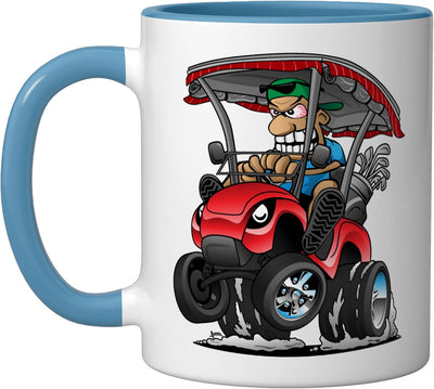 Taza cerámica con diseño humorístico de carrito de golf azul/blanco