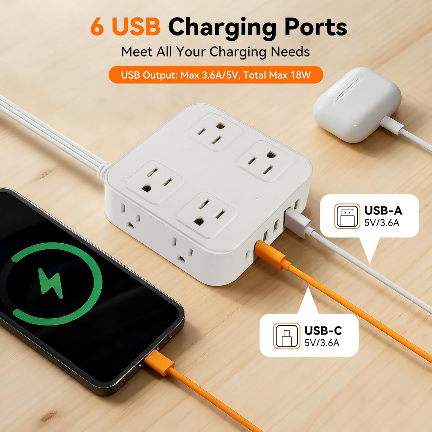 Cable extensión 10 pies 8 salidas 6 USB 1250W con proteccion