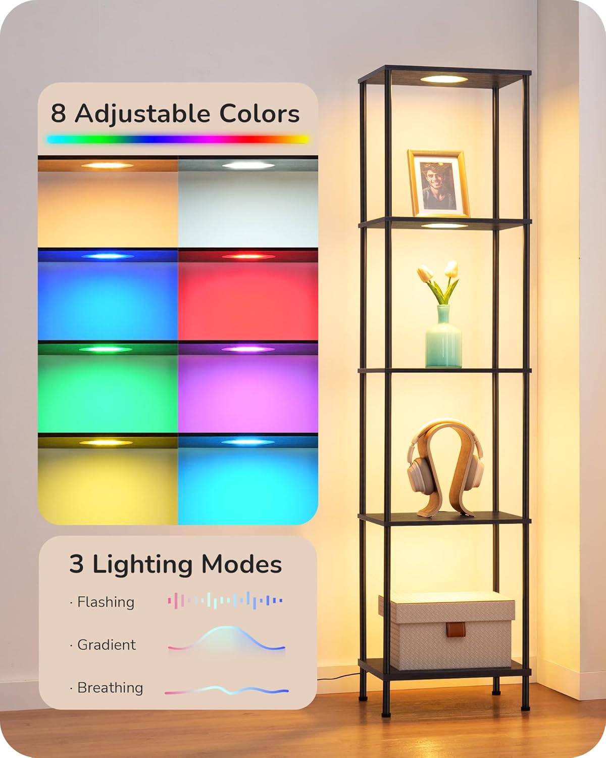 Lámpara pie moderna 5 niveles estante luz ajustable negro