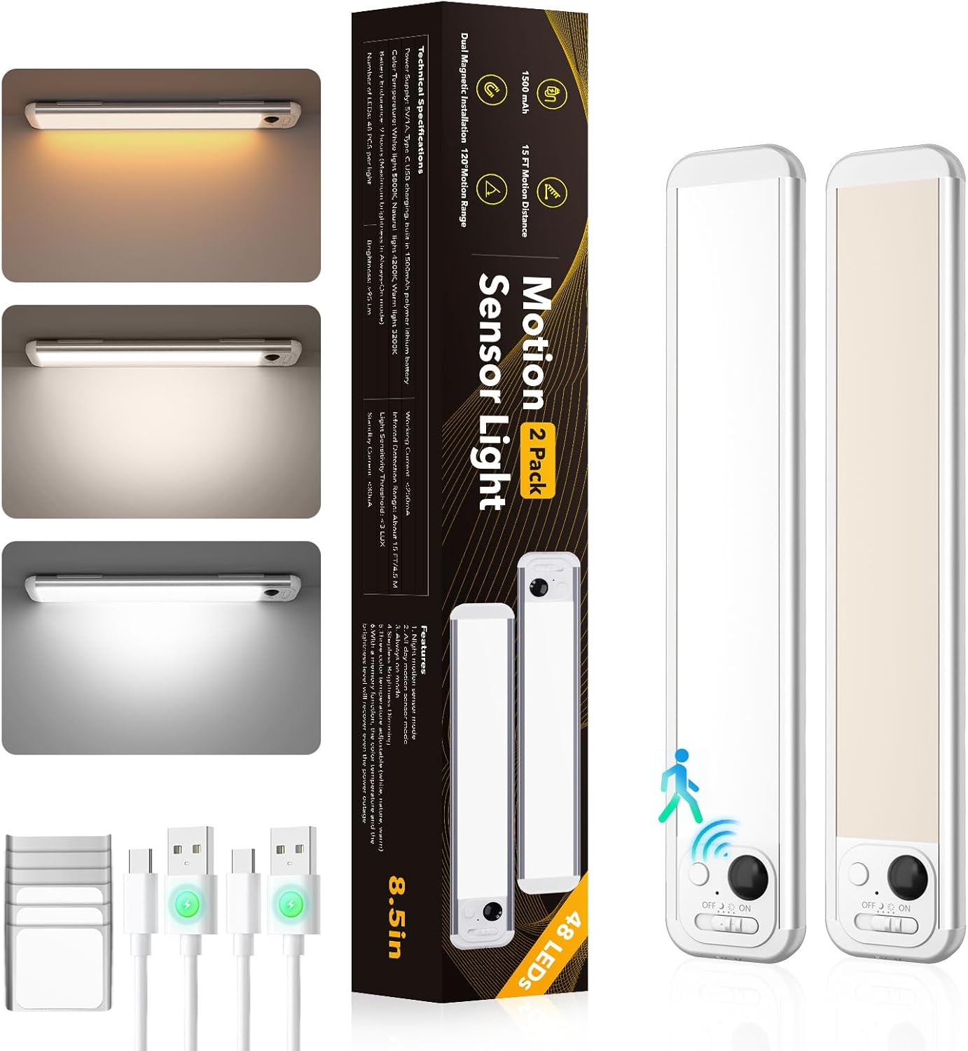 2 Luces LED Magnéticas Recargables con Sensor Movimiento 8.5pulg