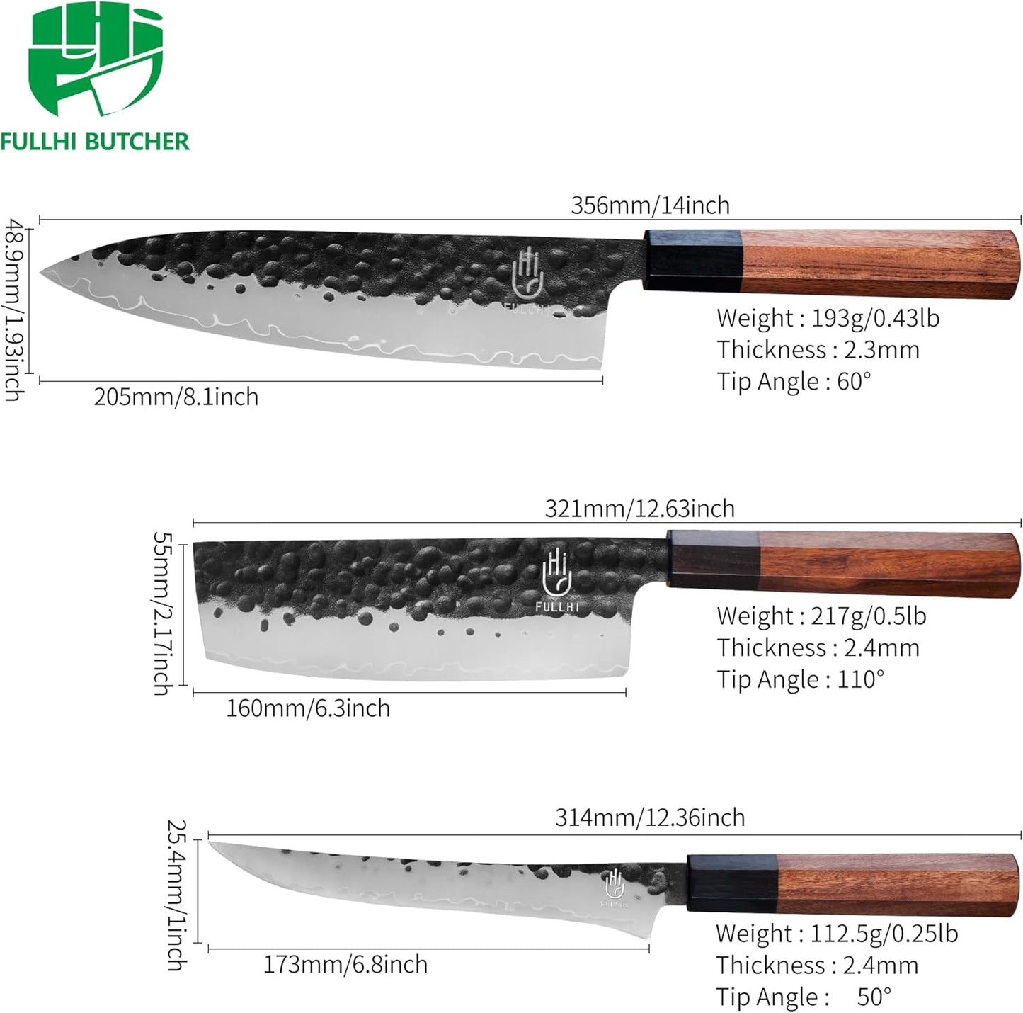 Set 3 Cuchillos Japoneses Gyuto Acero 9CR18MOV Mango Roble