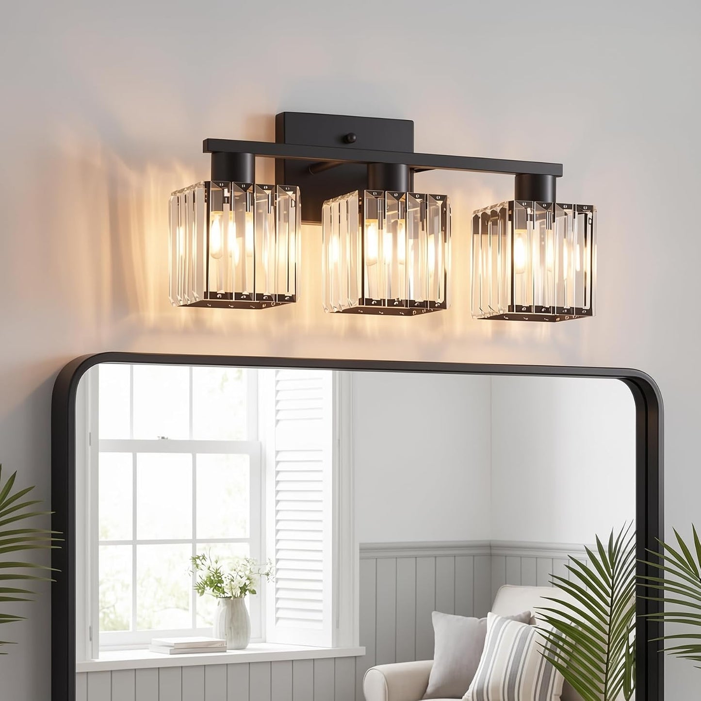 Lámpara baño cristal 3 luces negras mate moderna para espejo