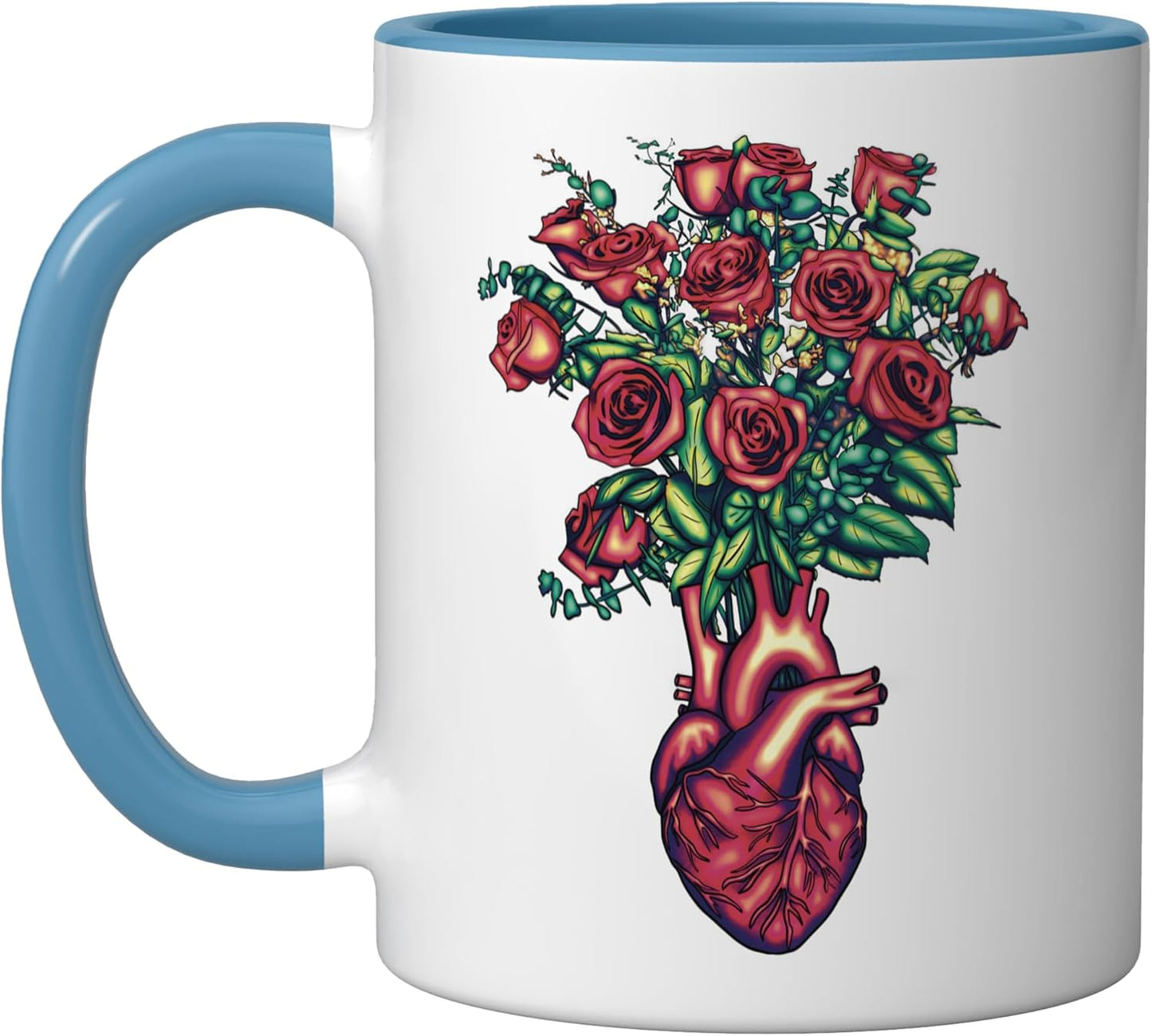 Taza Cerámica Corazón Anatómico con Rosas Azul/Blanco