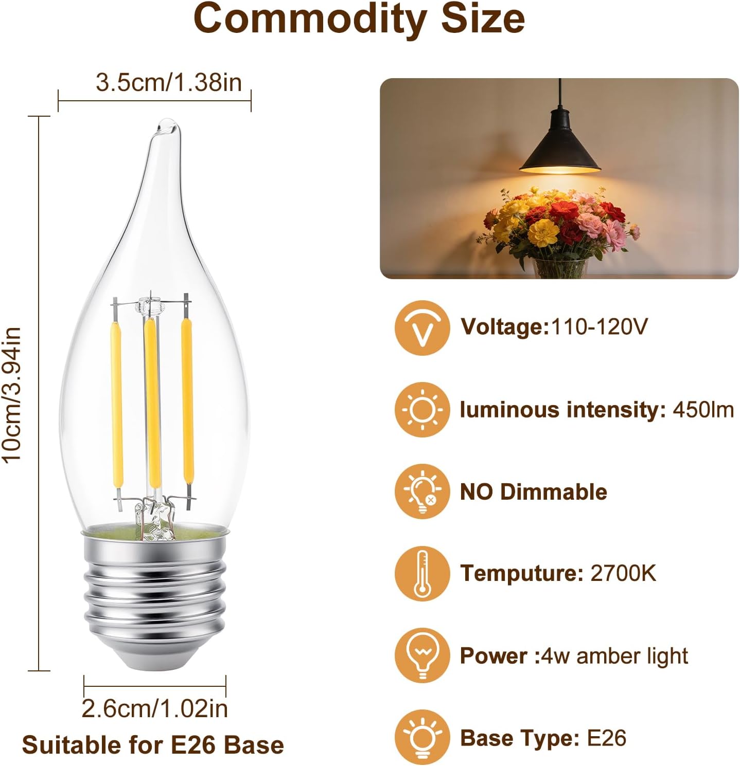 Bombilla E26 LED 4W blanco cálido para ventilador techo