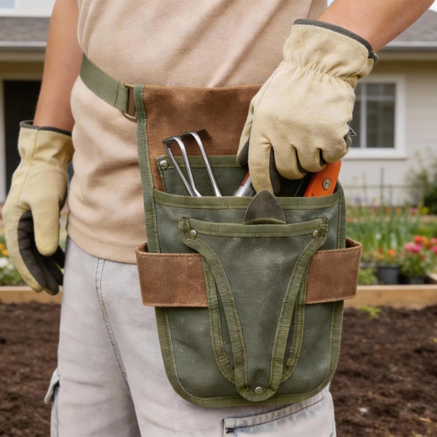 Cinturón herramientas lona múltiples bolsillos jardinería