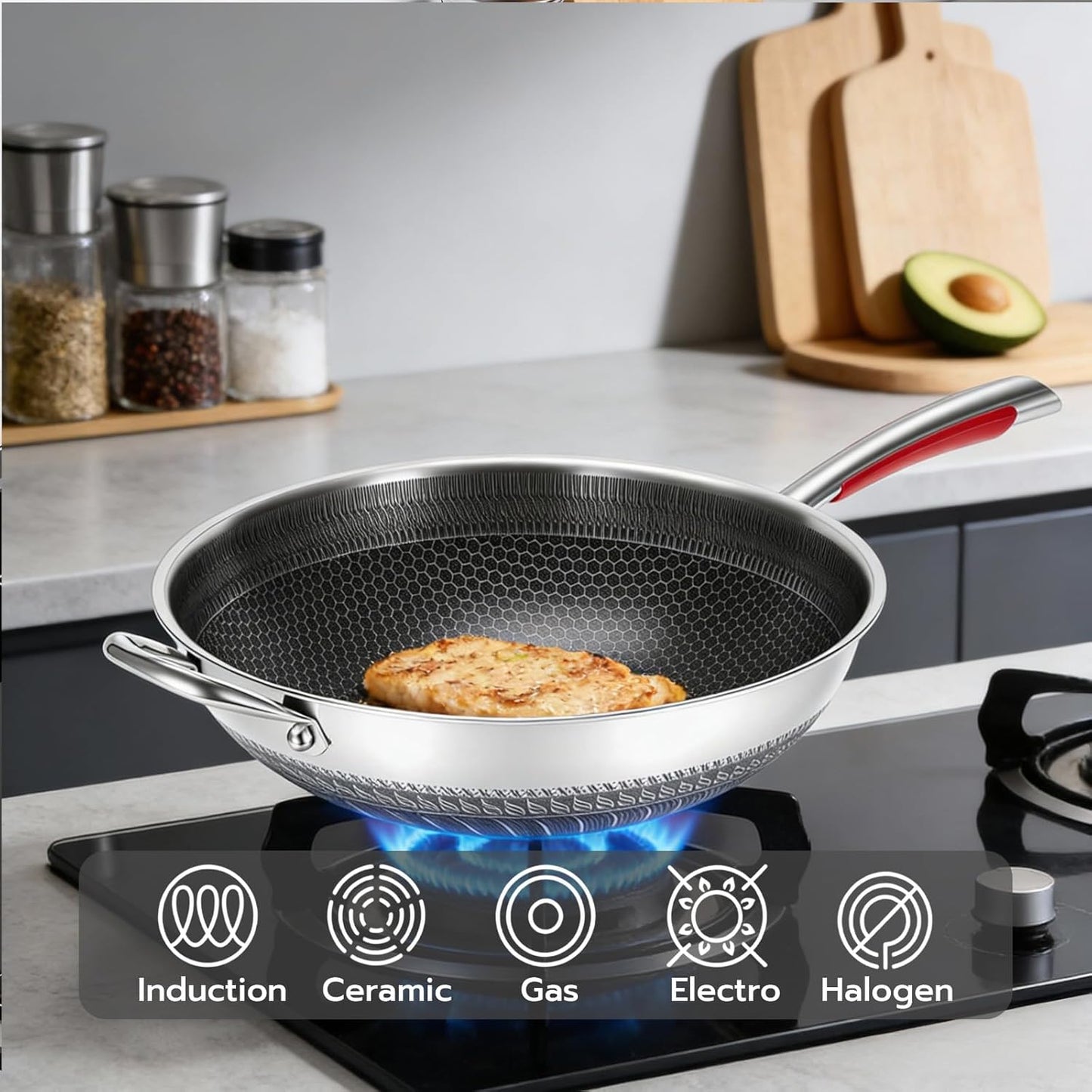 Sartén wok 14pulg acero inox antiadherente PFOA libre