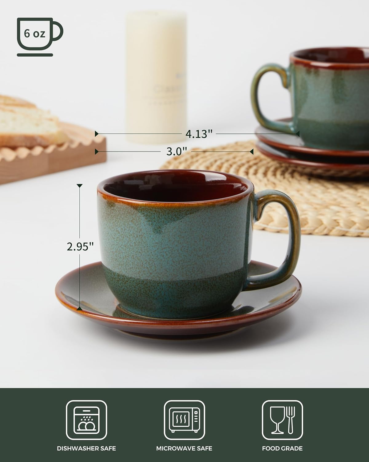 Set 16 Pzas Vajilla Tazas Café Platillos Marrón Verde