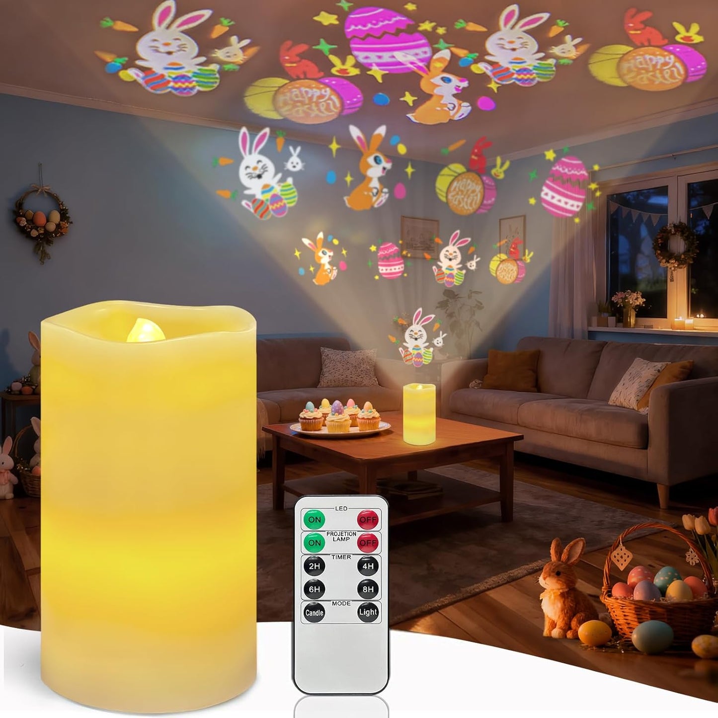 Proyector velas LED sin llama Pascua conejo huevos