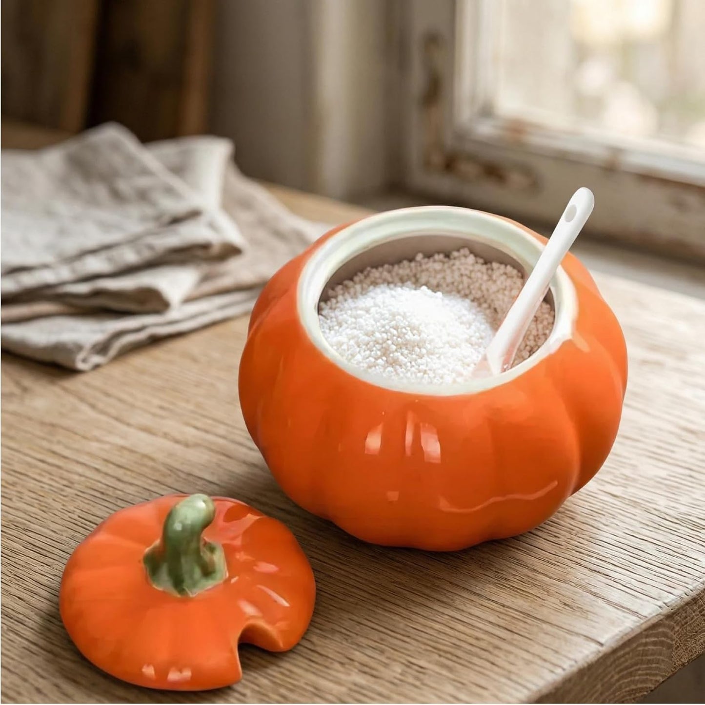 Bodega de sal de cerámica con tapa y cuchara, soporte para encimera naranja