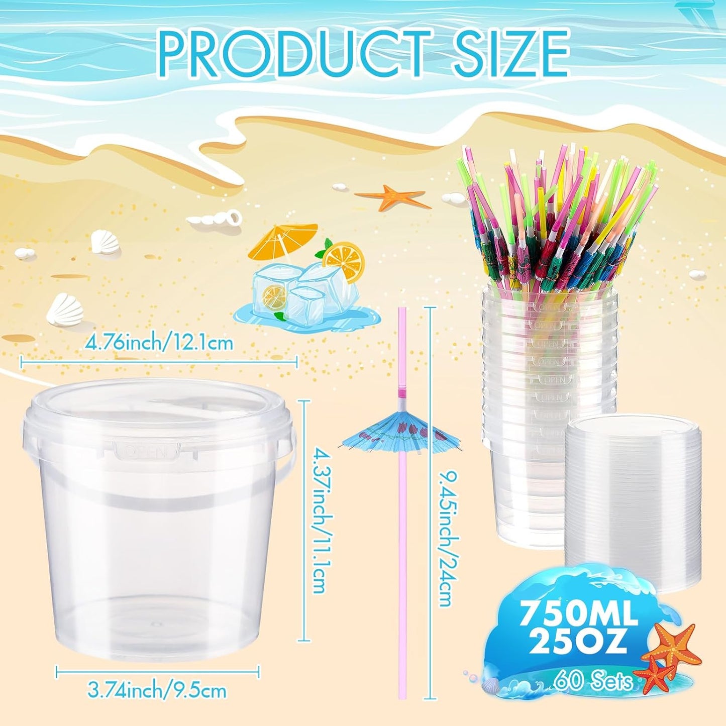 60 Pzas Cubos Plástico Transparente 25oz Con Popote Para Bebidas