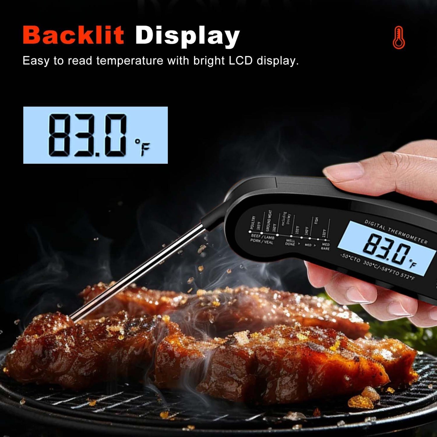 Termómetro digital para carne con imán y luz de fondo