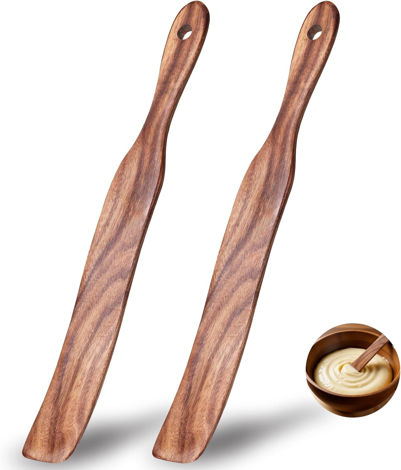 Paquete de 2 espátulas de madera de acacia, cuchara de mango largo y raspador para masa madre, masa, mermelada y rebozado