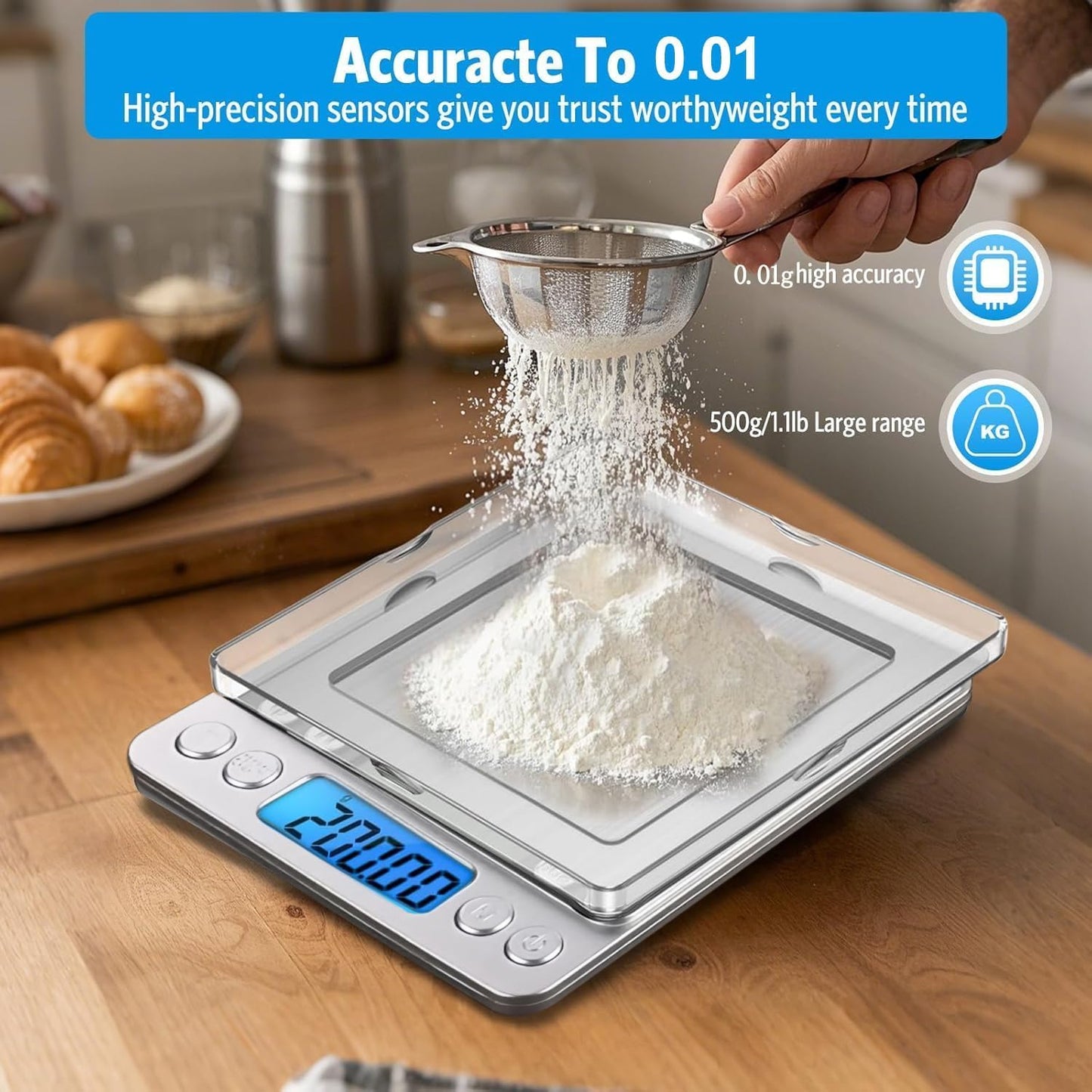 Báscula digital de cocina de acero inoxidable con pantalla LCD