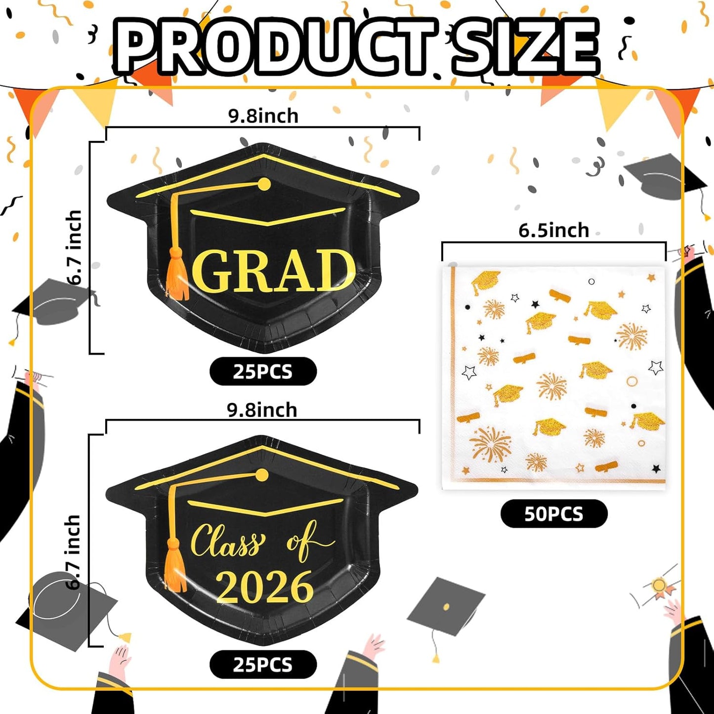 Juego de 100 platos y servilletas de graduacion clase 2026 con 50 platos de papel mortero y servilletas negras y doradas