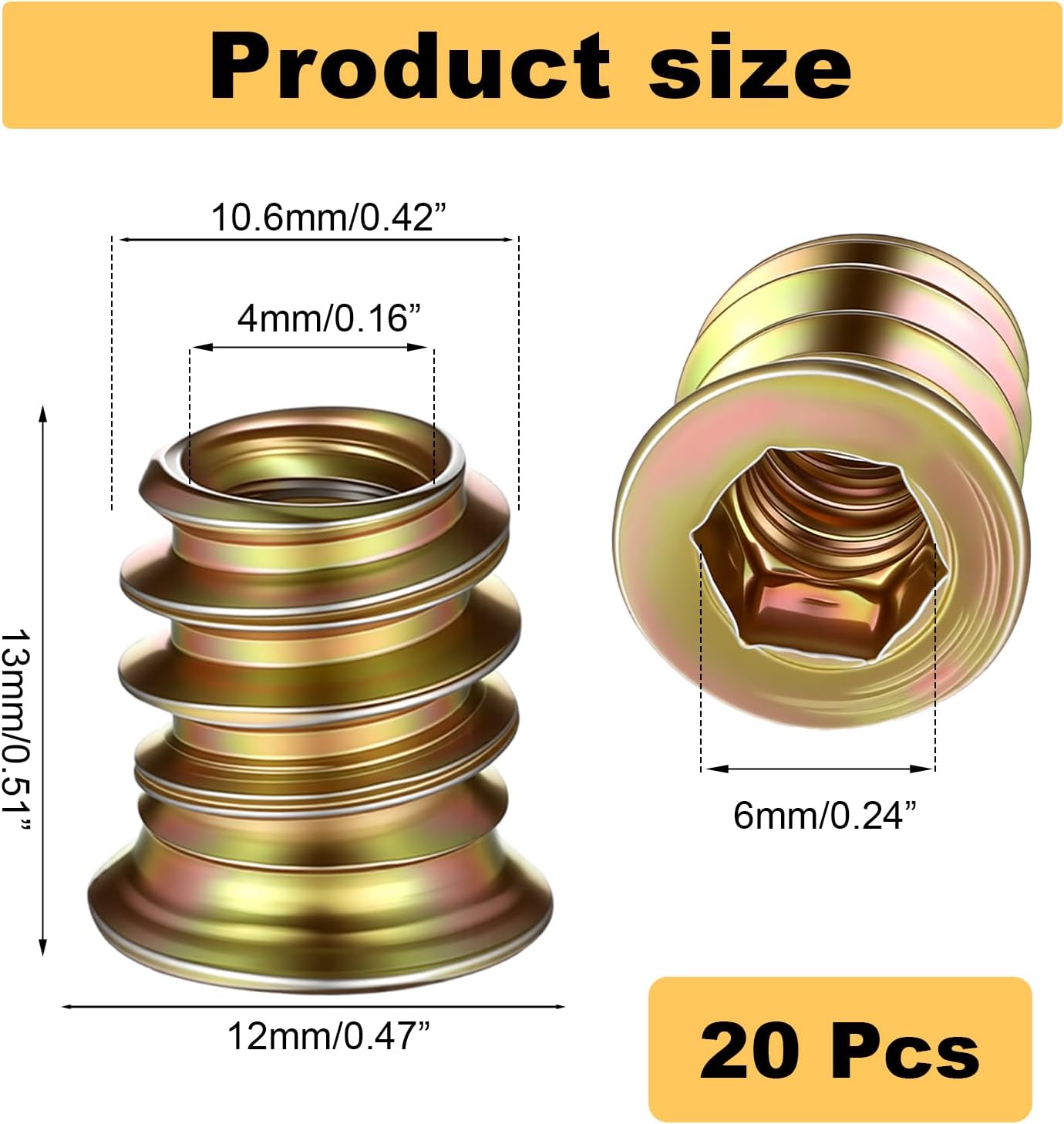 20 Pzas Insertos Roscados M6 para Muebles Acero Carbono