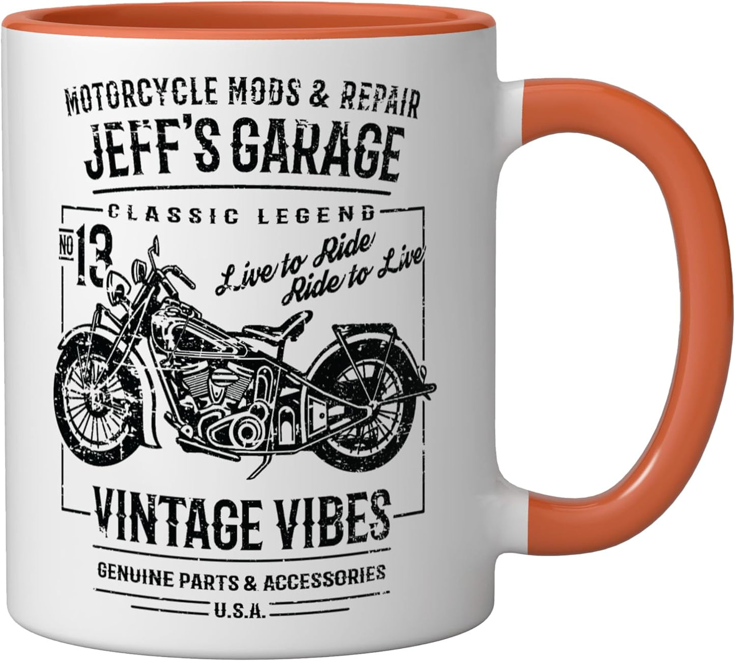 Taza cerámica para nombre Jeff diseño motocicleta vintage naranja/blanco