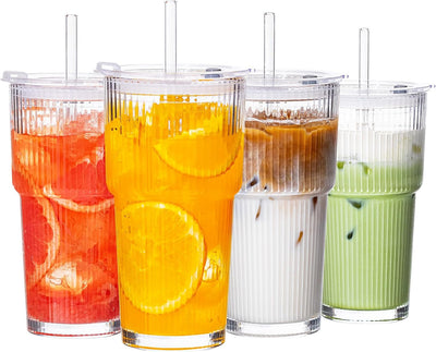 Vasos de vidrio con tapas y pajitas paquete 4 acanalados 20 oz resistentes a fugas reutilizables