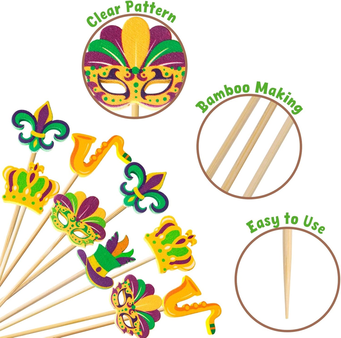 Palillos de cóctel Mardi Gras 120 piezas para carnaval y decoración