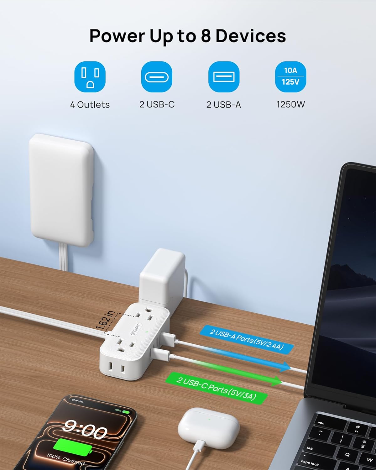Cable extensión plano 3ft regleta USB 4 puertos 10A