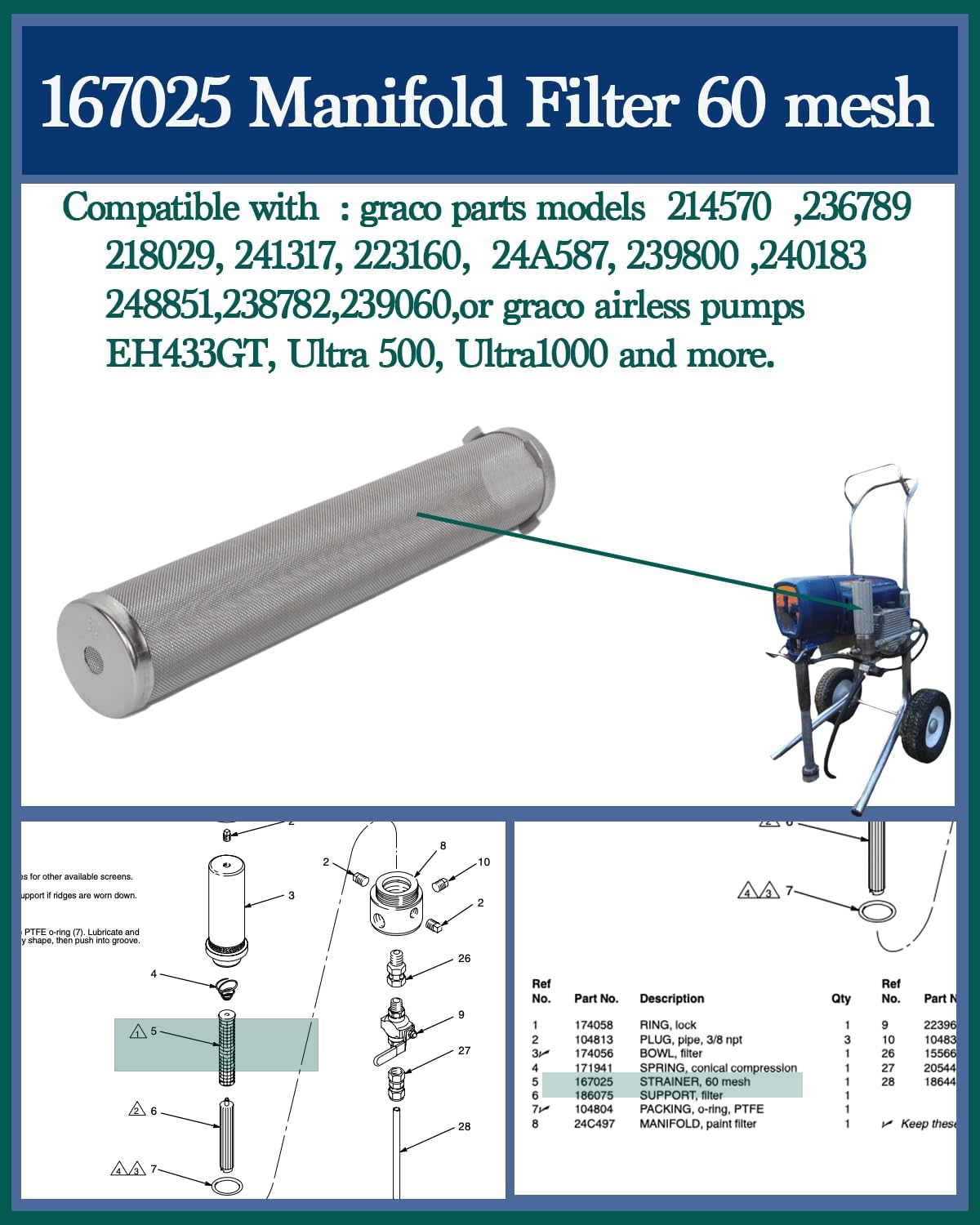 Filtro colector malla sin aire pack 8 comp Graco