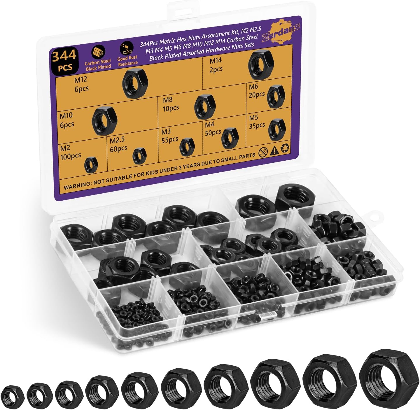 Kit 344 Tuercas Hex Métricas Acero Negro Zincado M2-M14