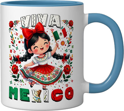Taza de cerámica para niña con bandera mexicana azul blanco