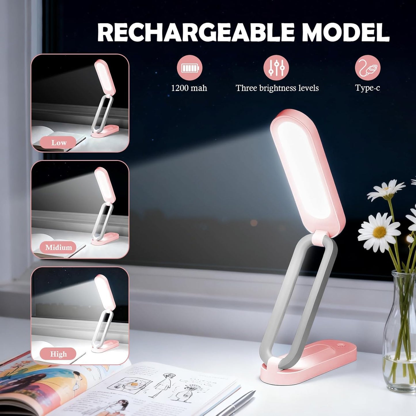 Lámpara LED recargable USB tipo C plegable 3 brillos