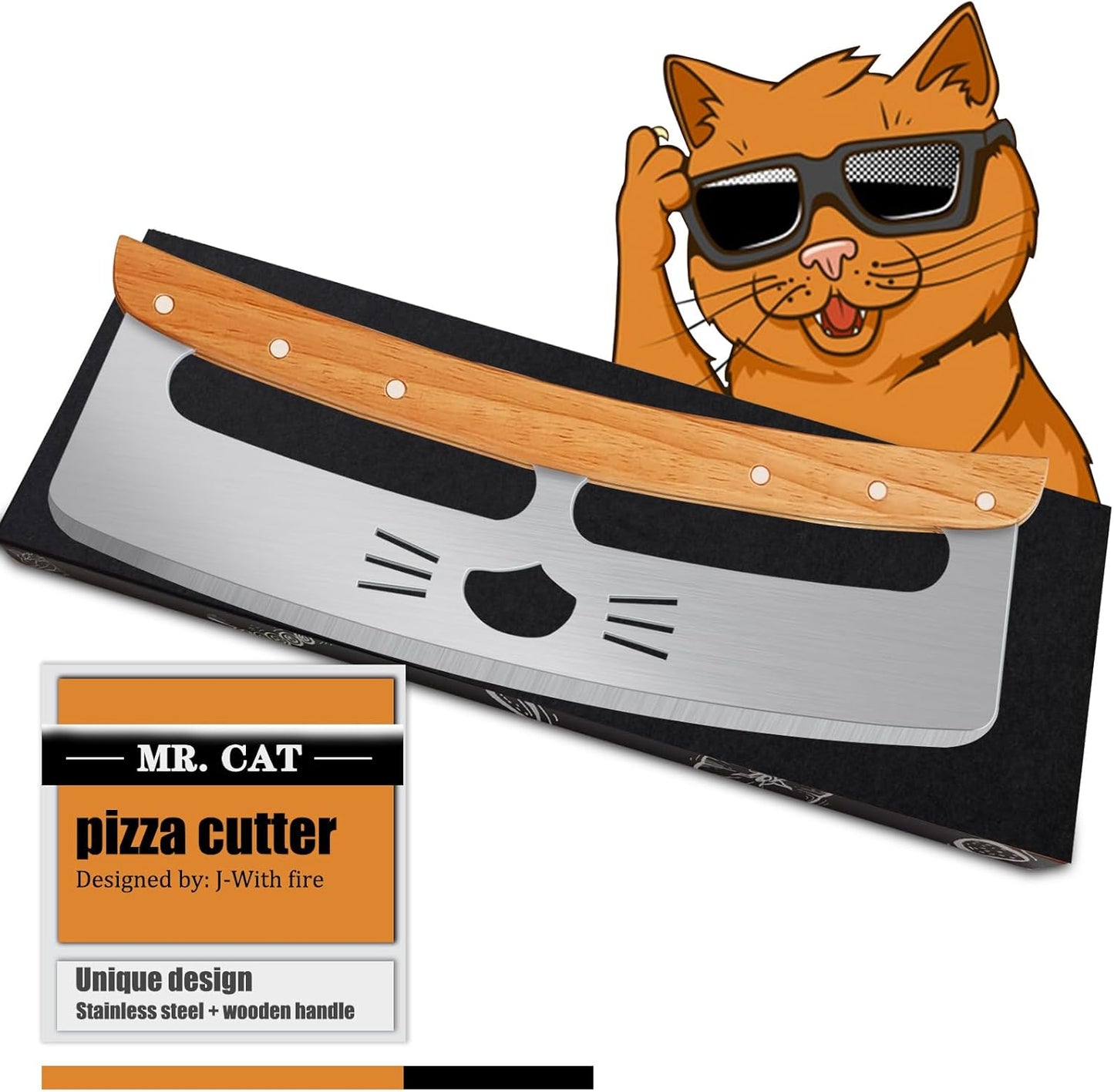 Cortador de pizza Rocker 14 pulgadas de acero inoxidable con mango de madera
