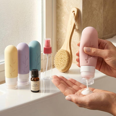 Kit 16 Botellas Viaje Silicona A prueba Fugas Tocador Morado