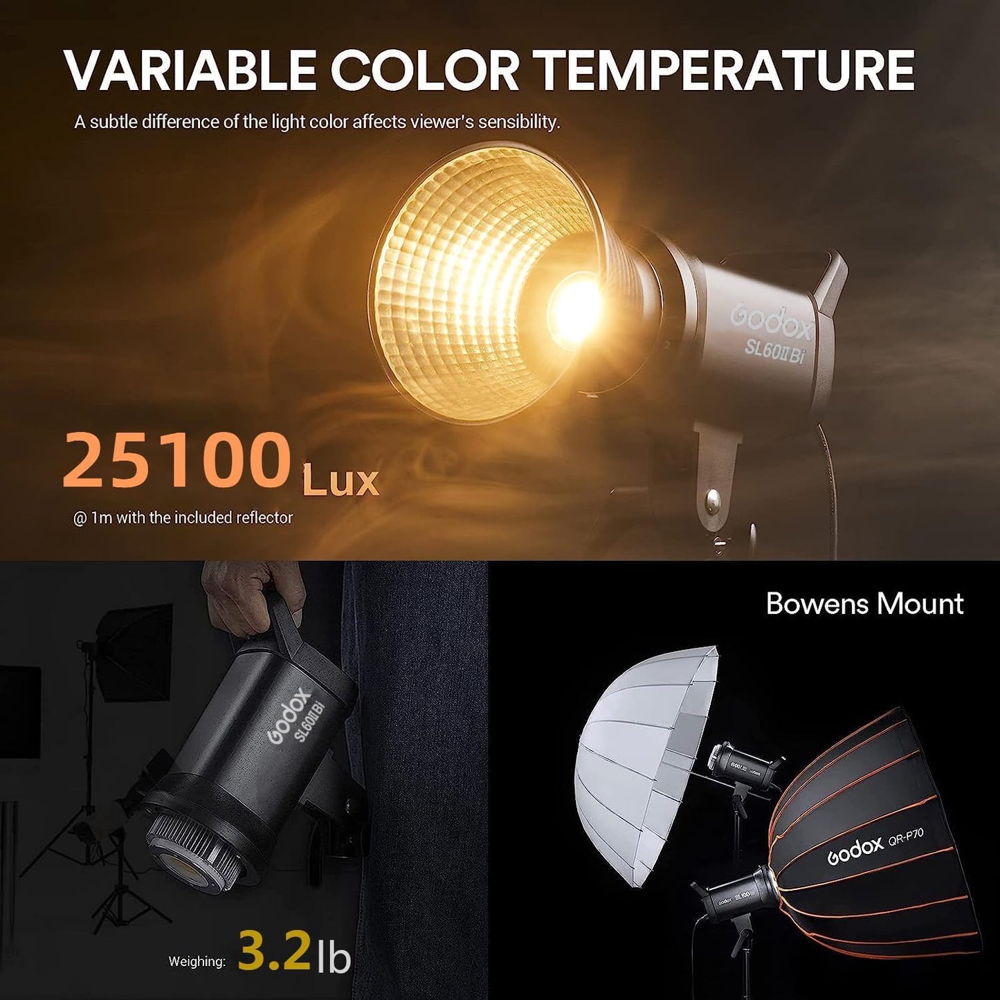 Luz LED bicolor 2800K-6500K estudio Bowens