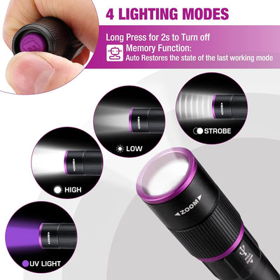Linterna recargable UV 395nm 4 modos con clip