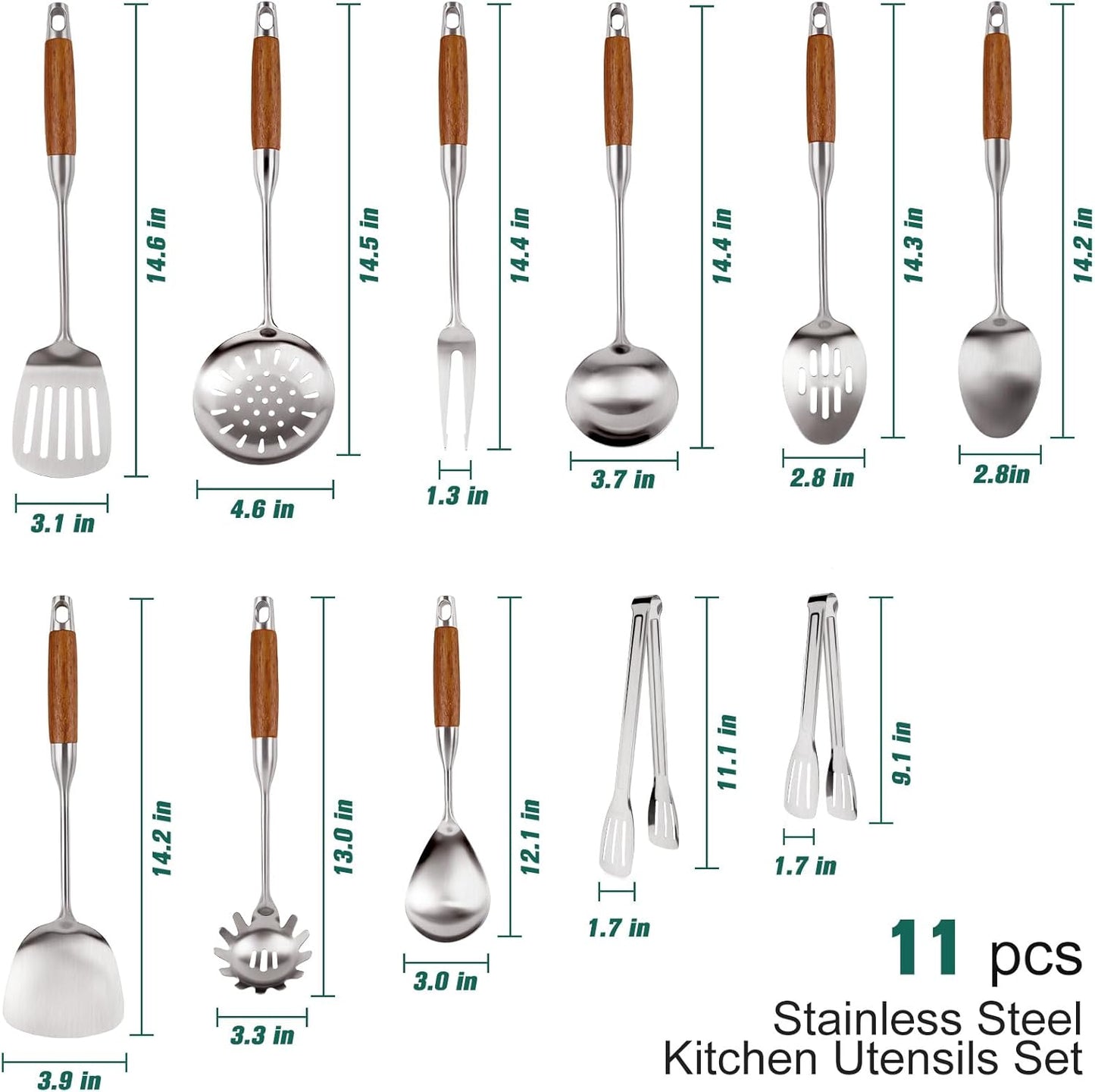 Juego de utensilios de cocina de acero inoxidable 304 con mango de madera 11 piezas