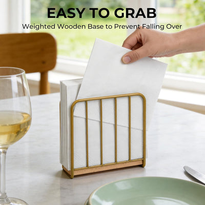 Servilletero moderno de granja con base de madera maciza y diseño metálico dorado
