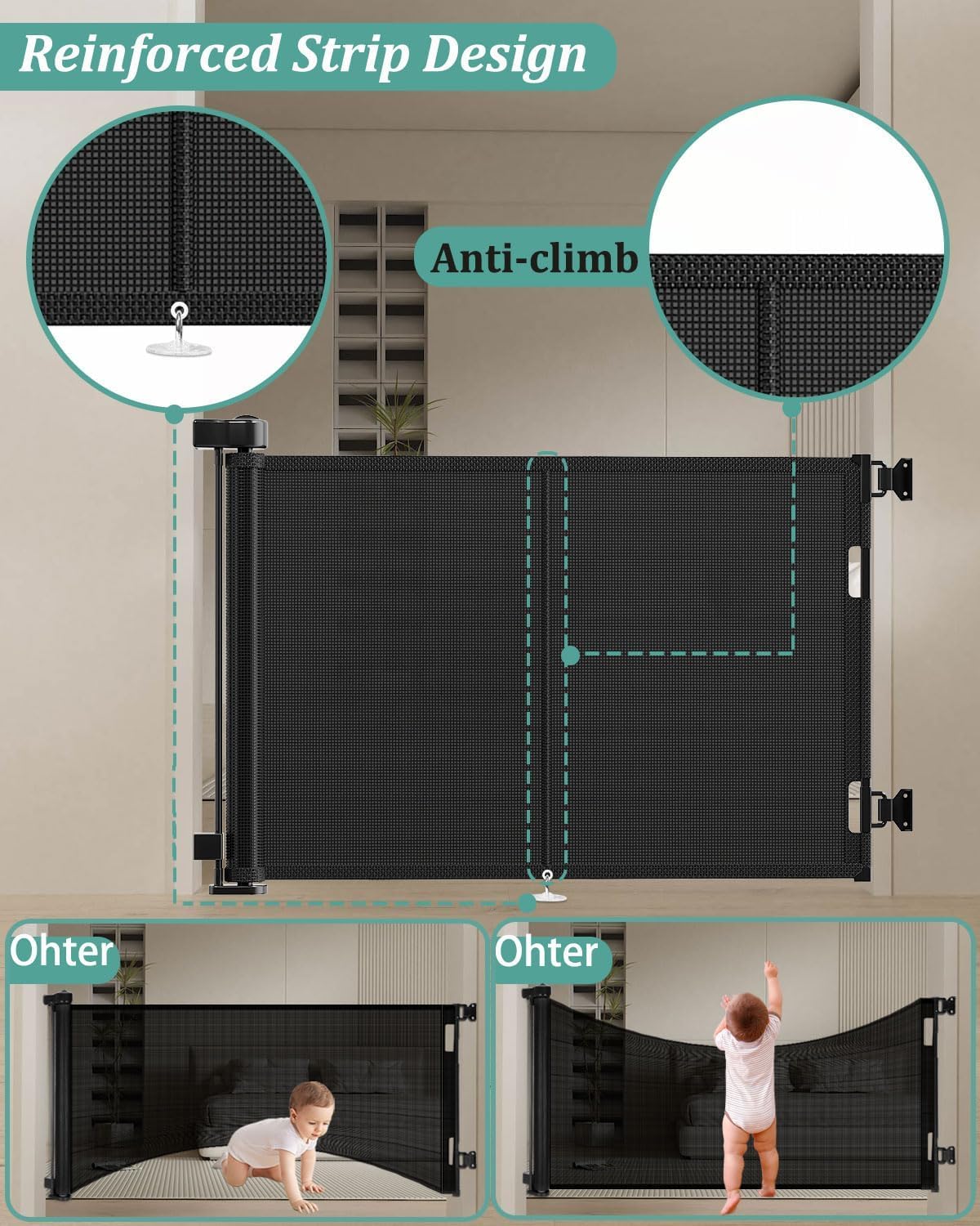 Puerta retráctil para bebés y perros 50x42pulg tira reforzada