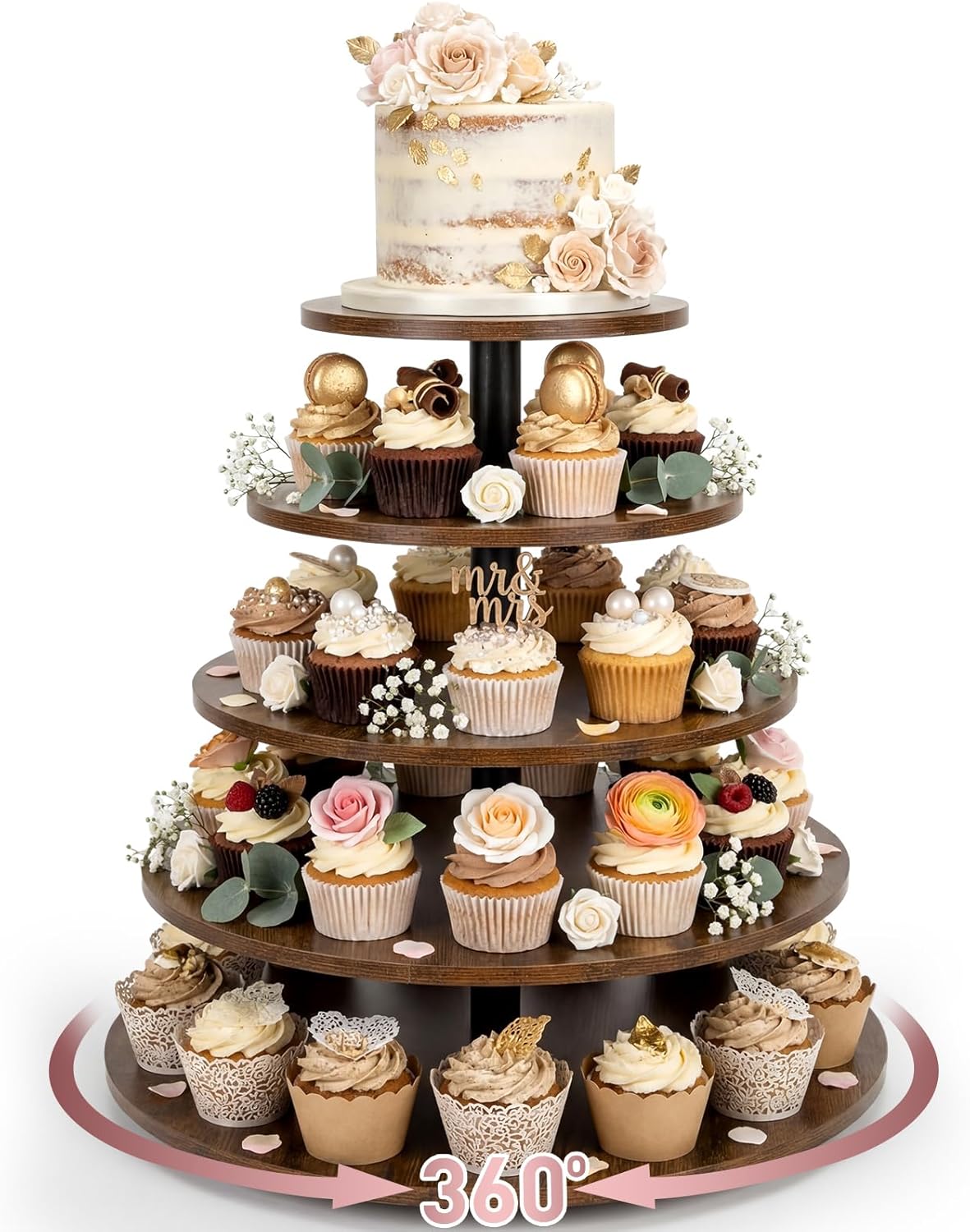 Soporte cupcakes madera 5 niveles 100 unidades torre giratoria