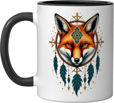Taza cerámica Fox Dreamcatcher con plumas nativas estilo americano negro/blanco