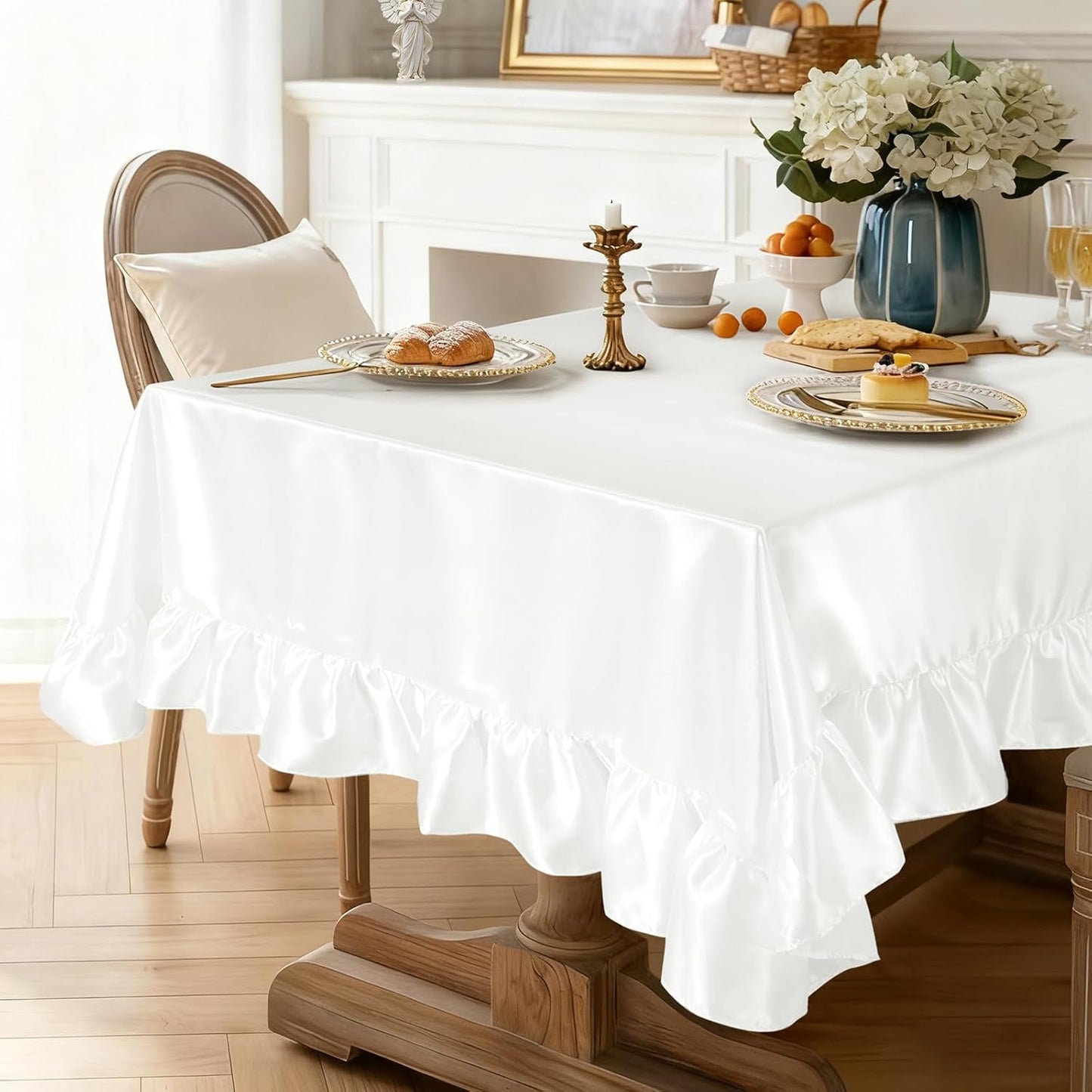 4 Pzas Mantel Satén Blanco 60x102pulg Rectangular Festoneado