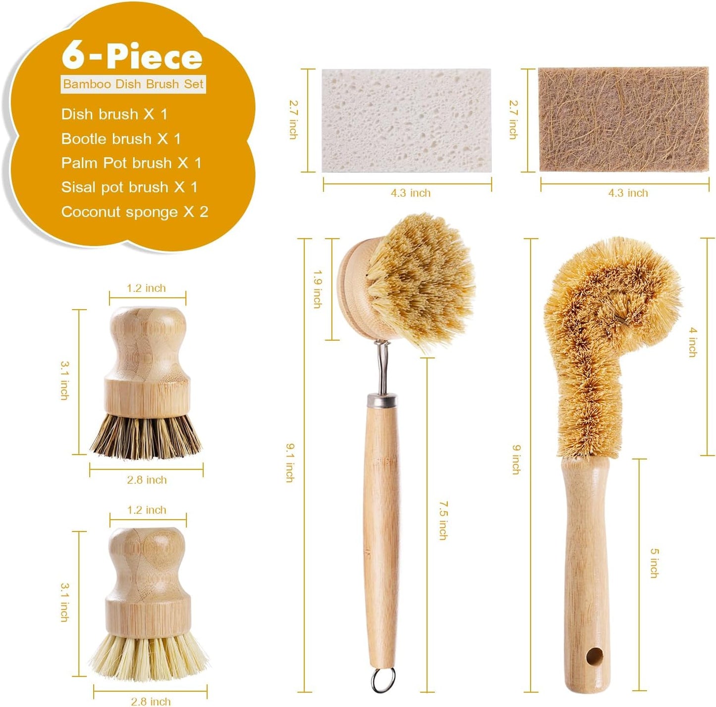 Set 6 Cepillos Bambú con Esponja Coco para Platos Ollas Sartenes